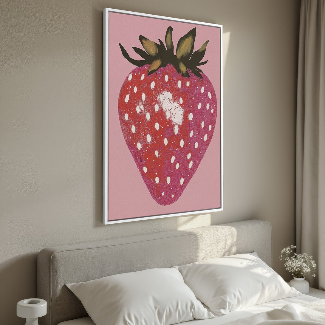 Framed Wall Art: Pop art style strawberry print in pink and red. Perfect for kitchen or bedroom decor. Add a touch of fun with this canvas print!