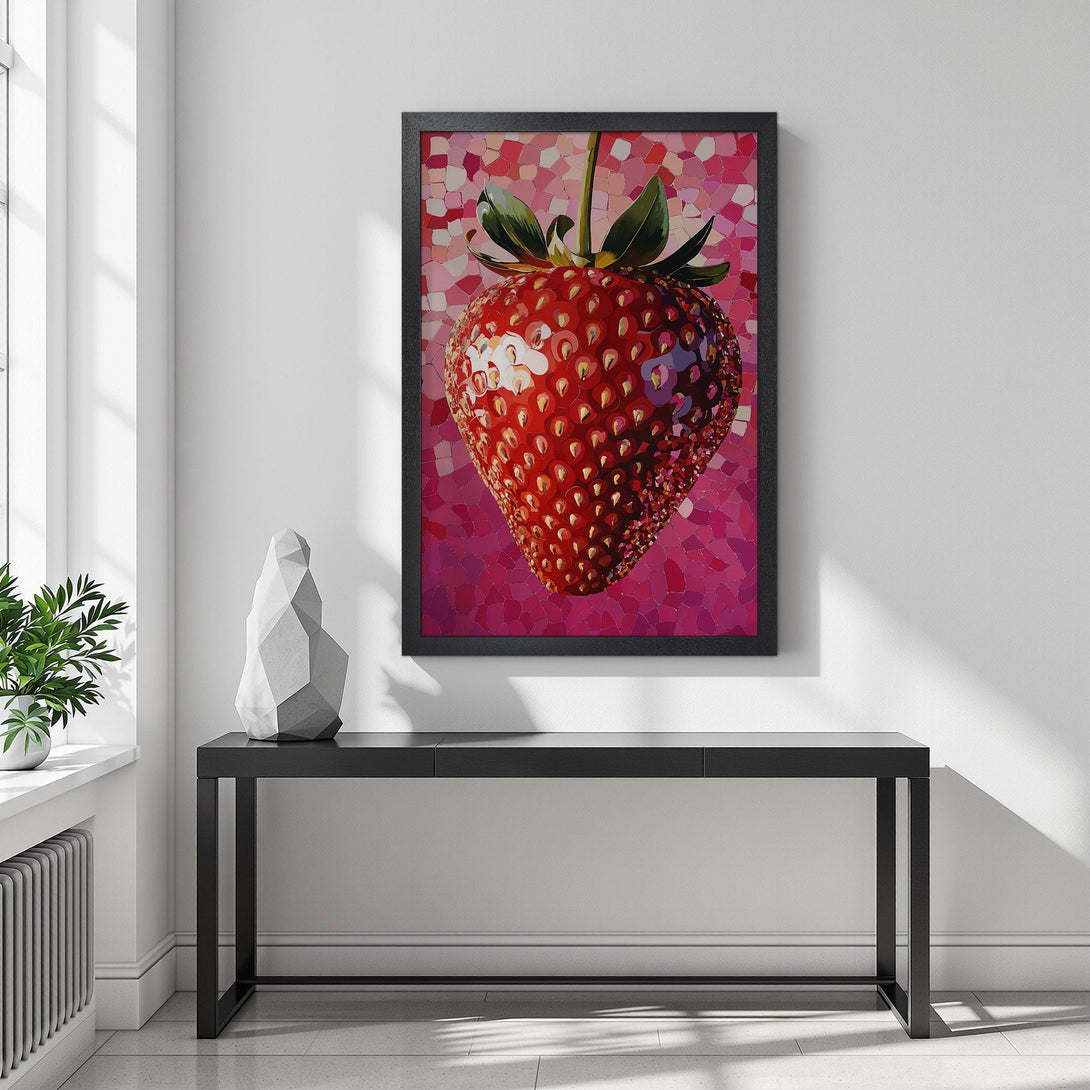 Framed Poster of a vibrant red strawberry art print. Modern style, pink and red color palette, perfect for kitchen or dining decor.