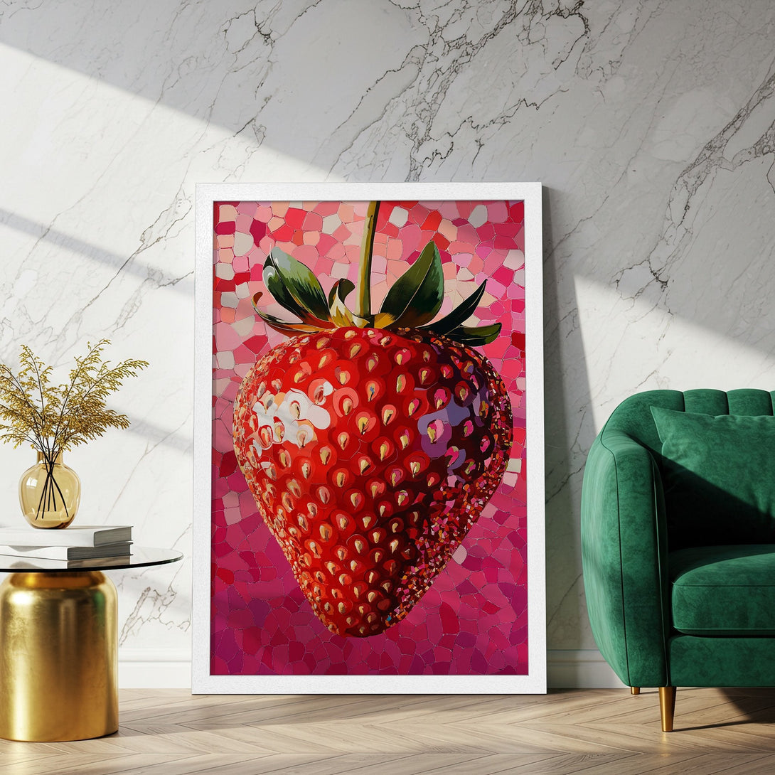 Framed Poster featuring a vibrant strawberry in a mosaic style, with a red and pink color palette. Perfect wall art!