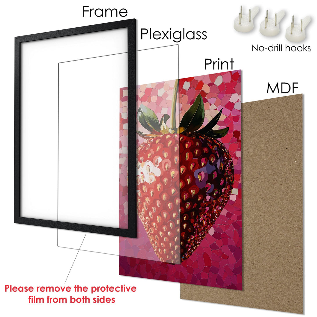 Framed Poster featuring a vibrant strawberry mosaic art print, with a red and pink color palette. Perfect wall decor!