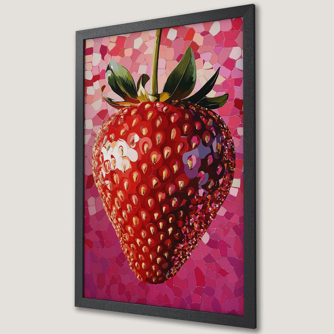 Framed Poster featuring a vibrant strawberry mosaic art print. Bold red and pink color palette, perfect for kitchen or dining decor. Add a pop of color!