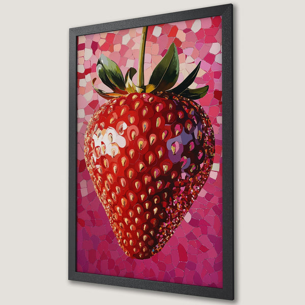 Framed Poster featuring a vibrant strawberry mosaic art print. Bold red and pink color palette, perfect for kitchen or dining decor. Add a pop of color!