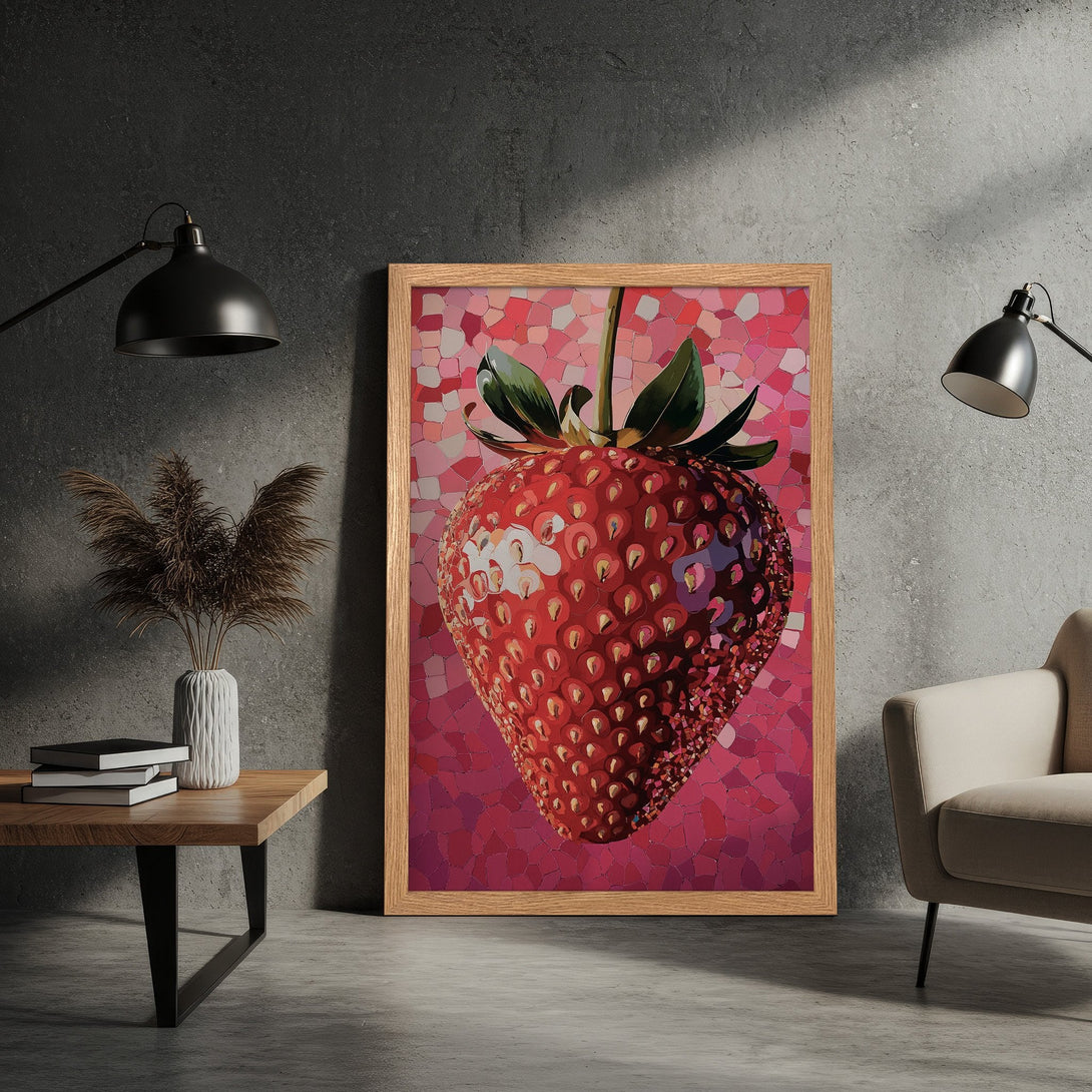 Framed Poster featuring a vibrant strawberry mosaic art print. Red and pink color palette, modern style, perfect wall decor.