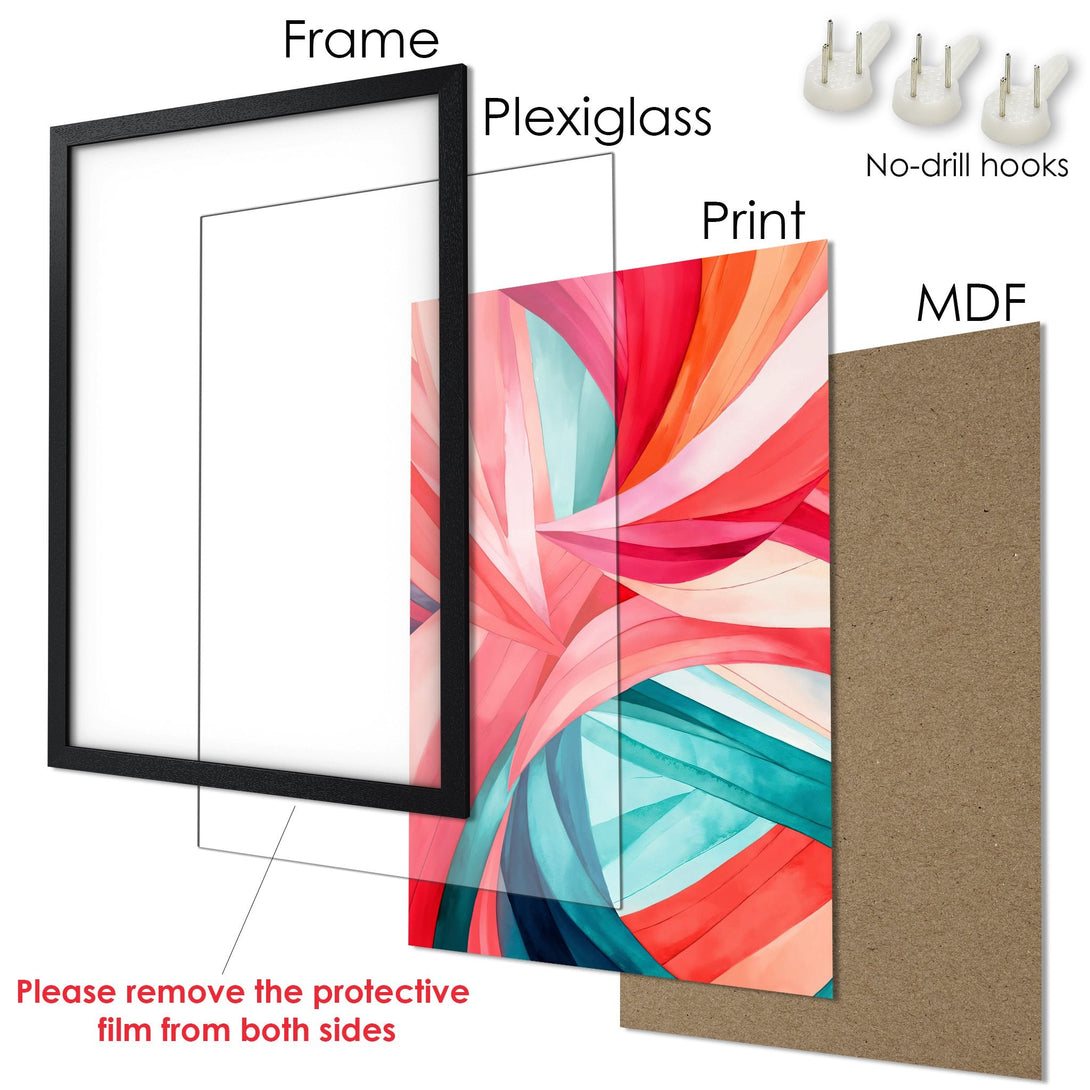 Framed Poster with abstract watercolor art in vibrant red, pink, and teal. Modern wall decor for your home!