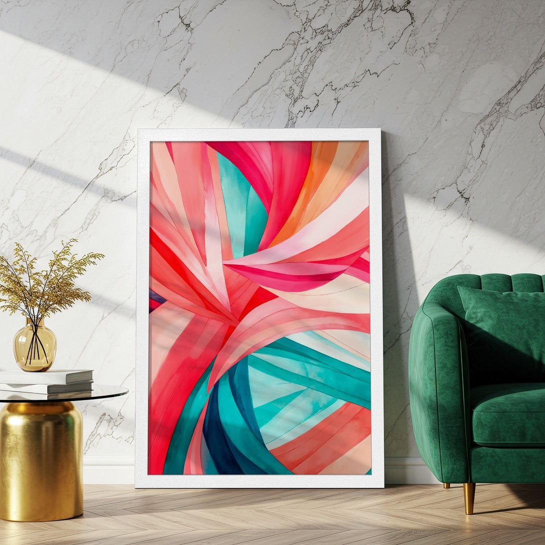 Framed Poster featuring abstract art with vibrant red, pink, and teal hues. Modern style for a pop of color in your space.
