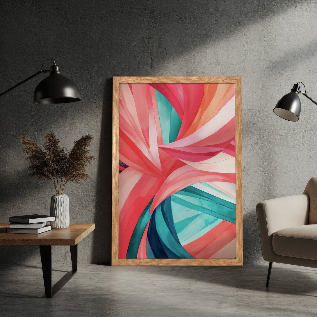 Framed Poster featuring abstract art in a vibrant red, turquoise, and orange color palette, perfect for modern home decor.