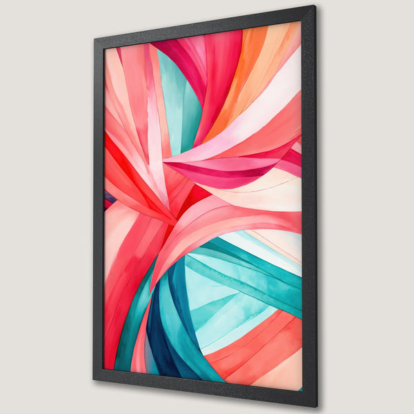 Framed Poster featuring abstract watercolor art with flowing lines in a vibrant red, pink, orange, and teal color palette. Perfect wall decor!