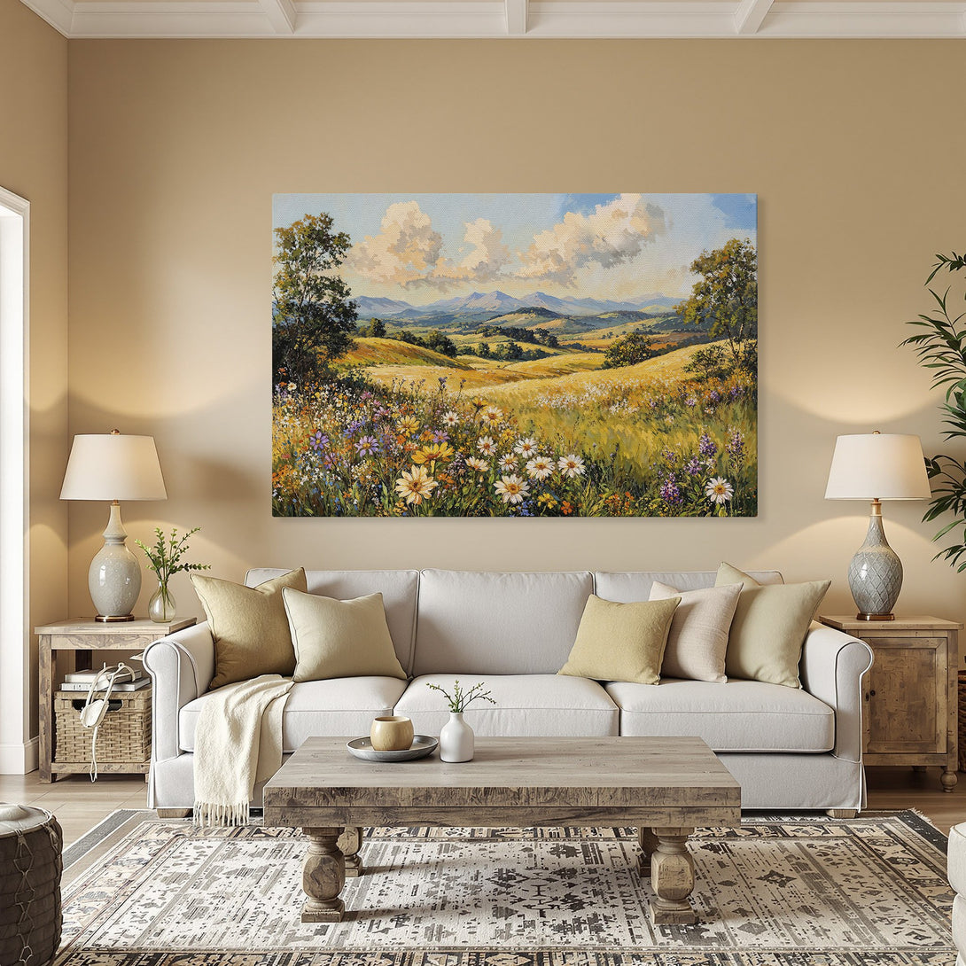 Framed Wall Art: Landscape painting with a golden frame, featuring a vibrant meadow scene with yellow, blue, and green hues. Perfect for home decor.