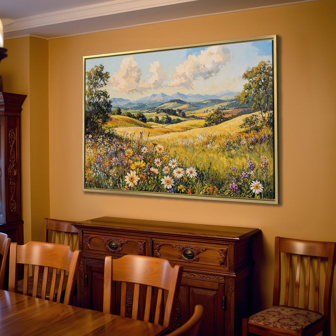 Canvas Print of a serene landscape painting with a warm, inviting color palette. Perfect for living room decor.