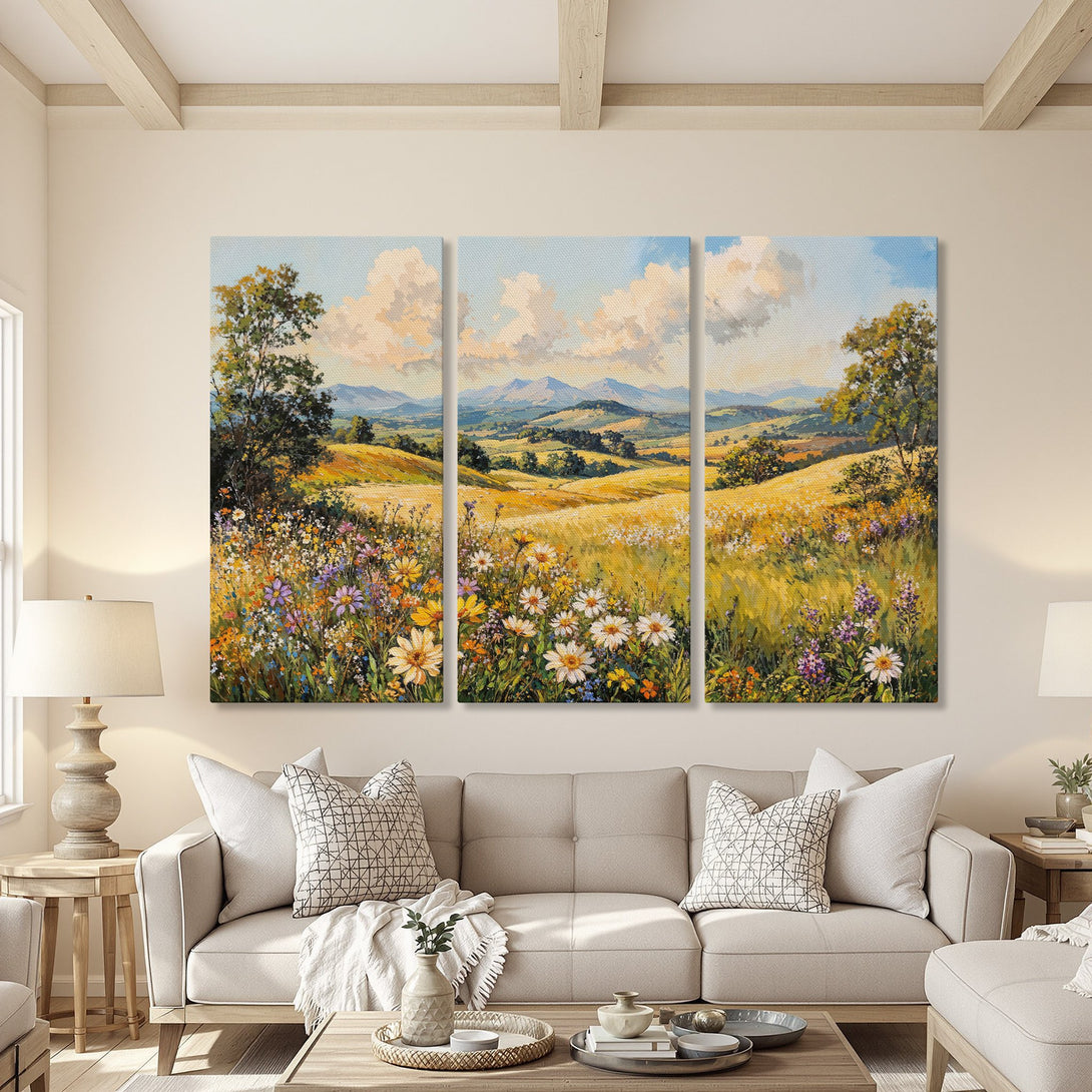 Canvas Print of a vibrant landscape painting, featuring a field of wildflowers in yellow, blue, and purple hues. Perfect wall art for a cozy living room.