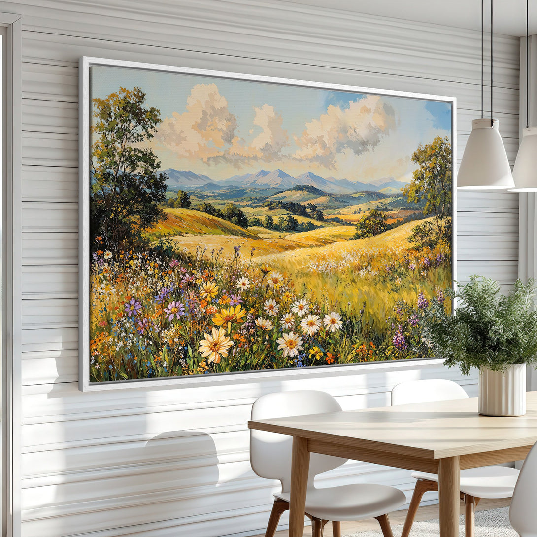 Framed Wall Art: Landscape painting with wildflowers, mountains, and a warm, vibrant color palette. Perfect for adding a touch of nature to your home decor.