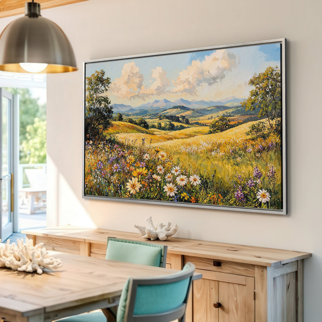Framed Wall Art: Landscape Canvas Print with vibrant wildflowers & rolling hills. Adds a touch of nature's beauty with a warm, inviting color palette.