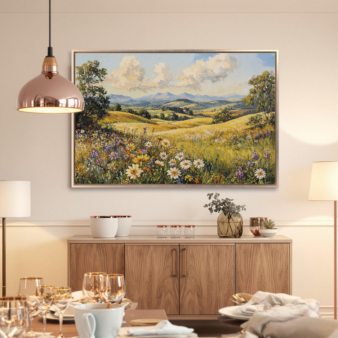 Framed Wall Art: Landscape Canvas Print with wildflowers, hills, and sky. Warm, inviting color palette perfect for home decor.