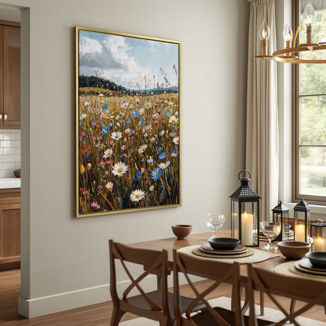 Canvas Print of a vibrant wildflower field painting. Featuring blue, white, and yellow blooms, this artwork adds a touch of nature's beauty to any space.