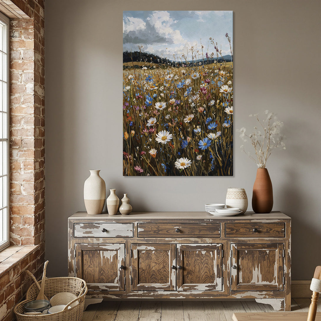 Framed Wall Art: Impressionist field of wildflowers in a gold frame. Warm, inviting color palette with blues, whites, and golds. Perfect for dining rooms.