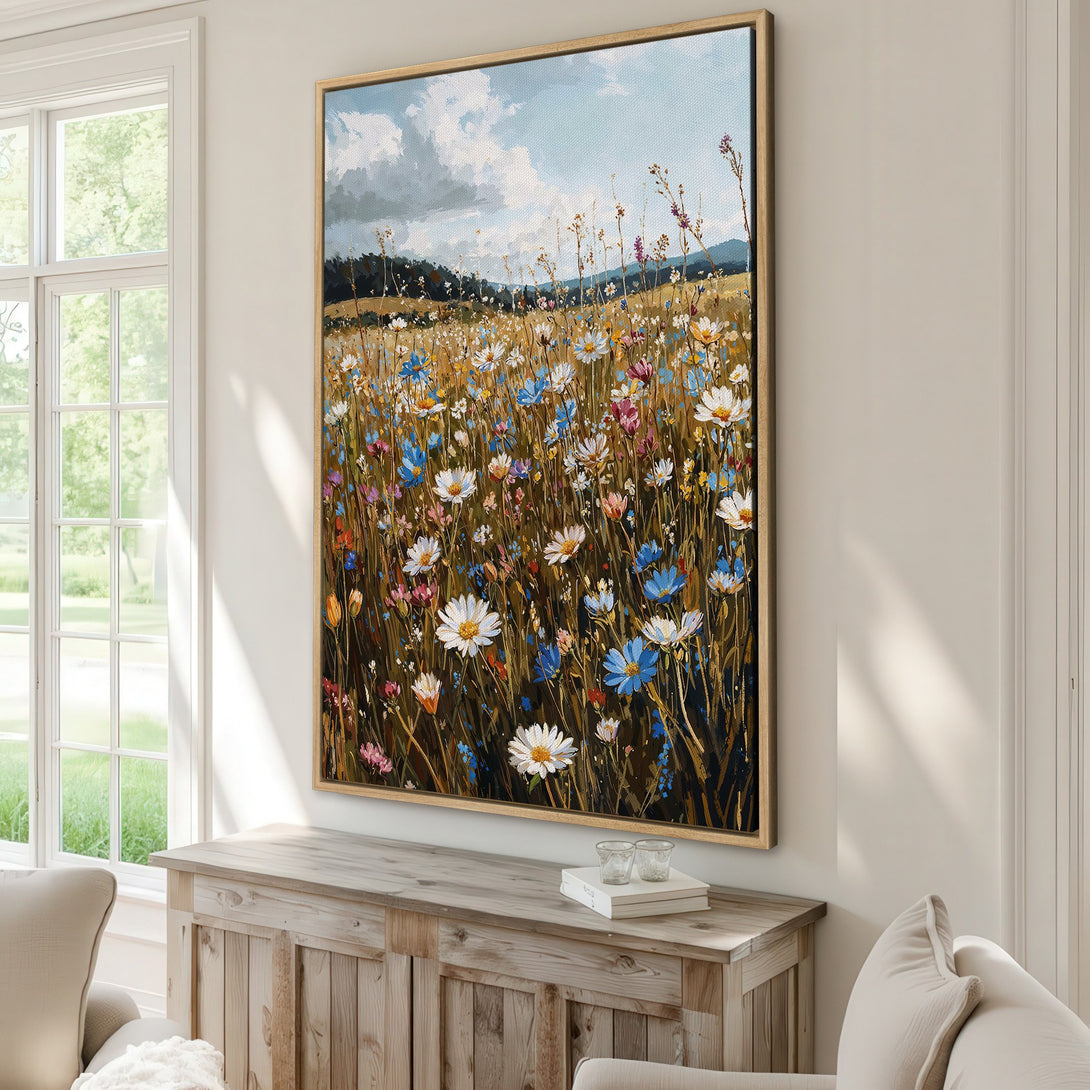 Framed Wall Art: Impressionistic wildflower field painting with blue, white, and gold hues. Perfect for adding a touch of nature and elegance to your home.