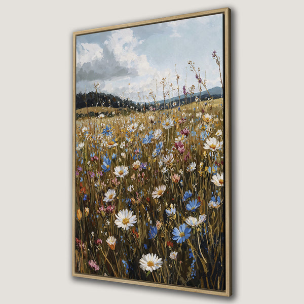 Framed Wall Art: Impressionist painting of a wildflower meadow in bloom. Featuring a vibrant palette of blues, whites, and yellows. Perfect for adding a touch of nature.