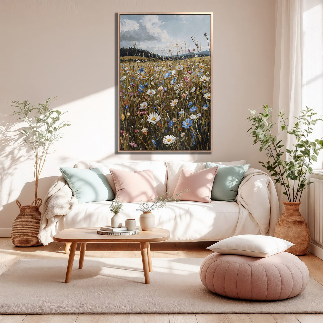 Framed Wall Art featuring a vibrant field of wildflowers in a warm, inviting interior. Soft, pastel color palette perfect for adding a touch of nature to your space.