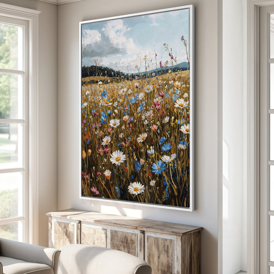 Framed Wall Art featuring a vibrant wildflower field painting with a blue and gold color palette, perfect for adding a touch of nature to your home.