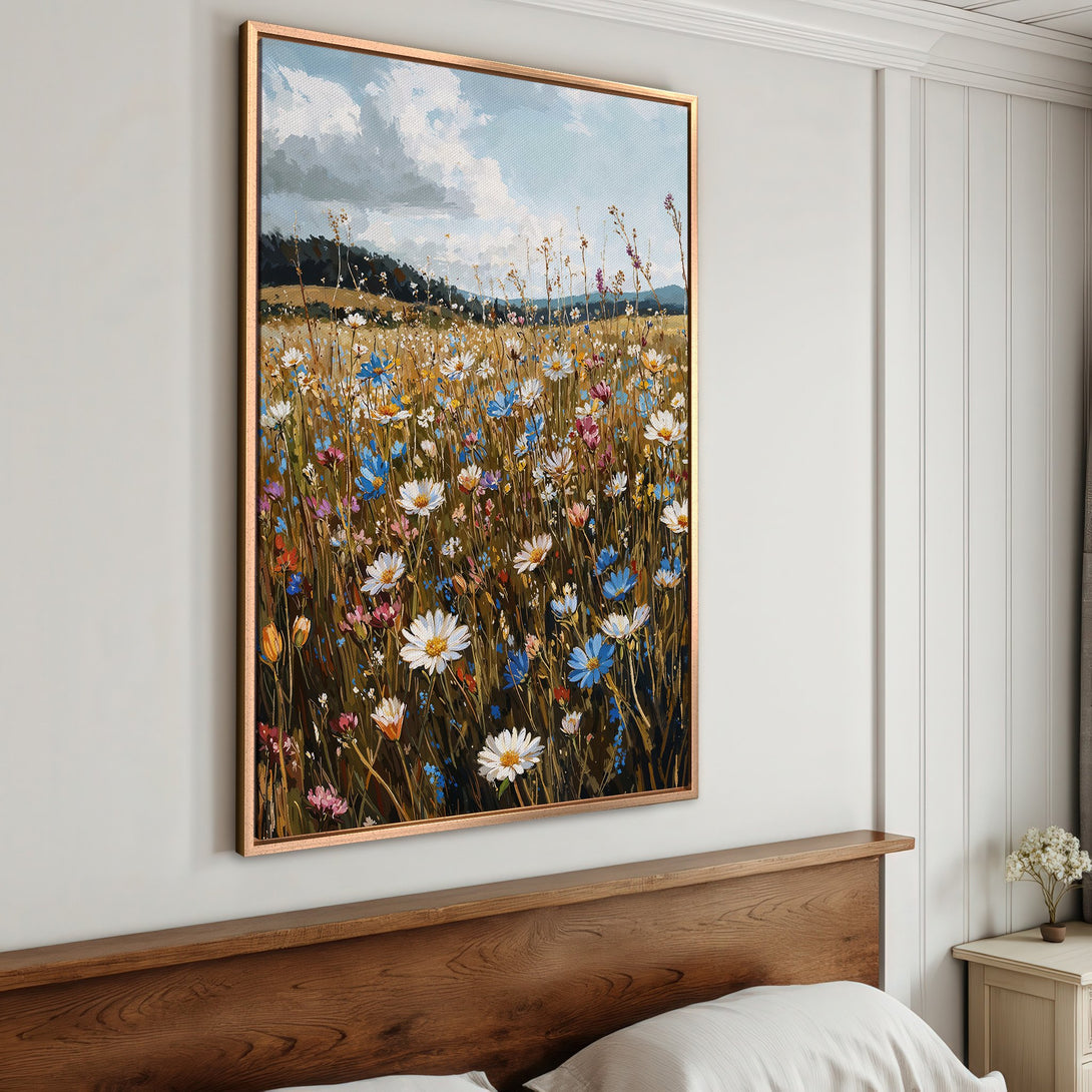 Framed Wall Art: Impressionist painting of wildflowers in a field. Featuring a vibrant palette of blues, whites, and yellows, perfect for adding color to your space.