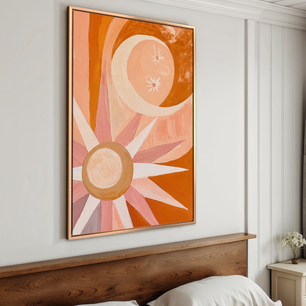 Framed Wall Art: Abstract sun and moon art in warm orange and pink tones. Add a touch of boho style to your space with this canvas print!