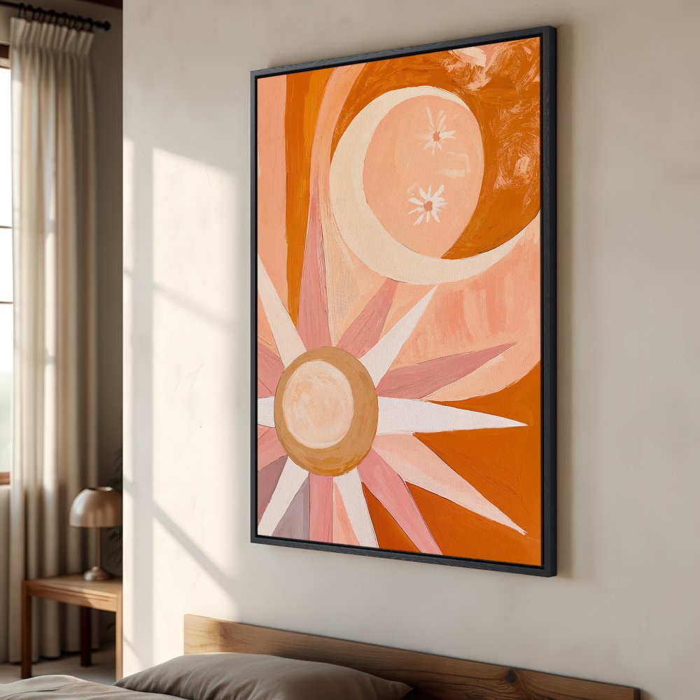 Framed Wall Art: Abstract sun and moon art print in warm orange and pink tones. Modern, boho style canvas print for bedroom decor.