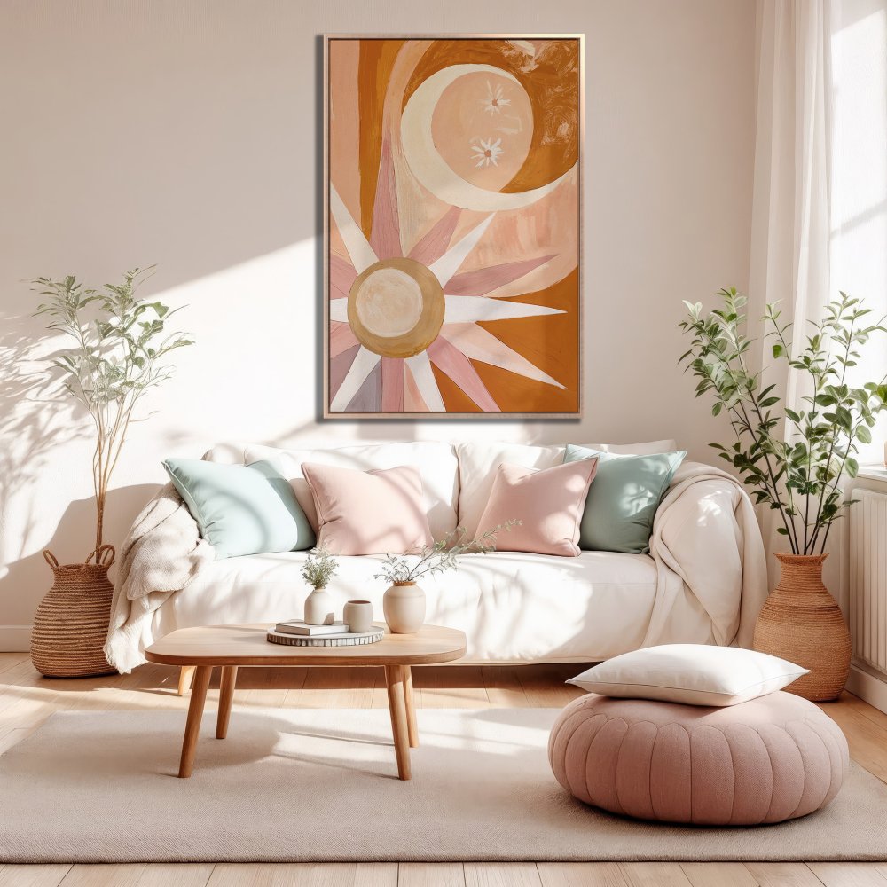 Framed Wall Art Canvas Print. Abstract sun and moon art in warm, earthy tones. Boho style decor for living room.