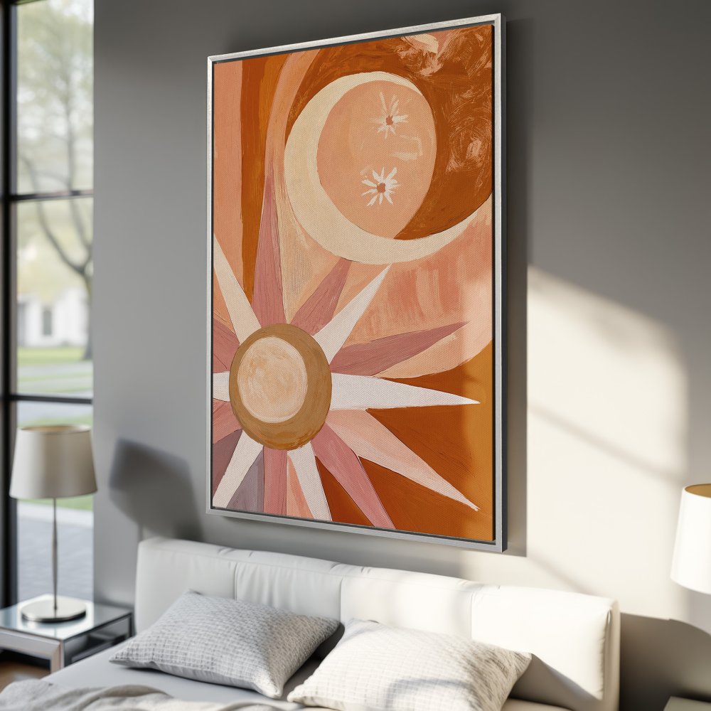 Framed Wall Art: Abstract sun and moon painting in warm terracotta and blush tones. Modern art canvas print for bedroom decor.