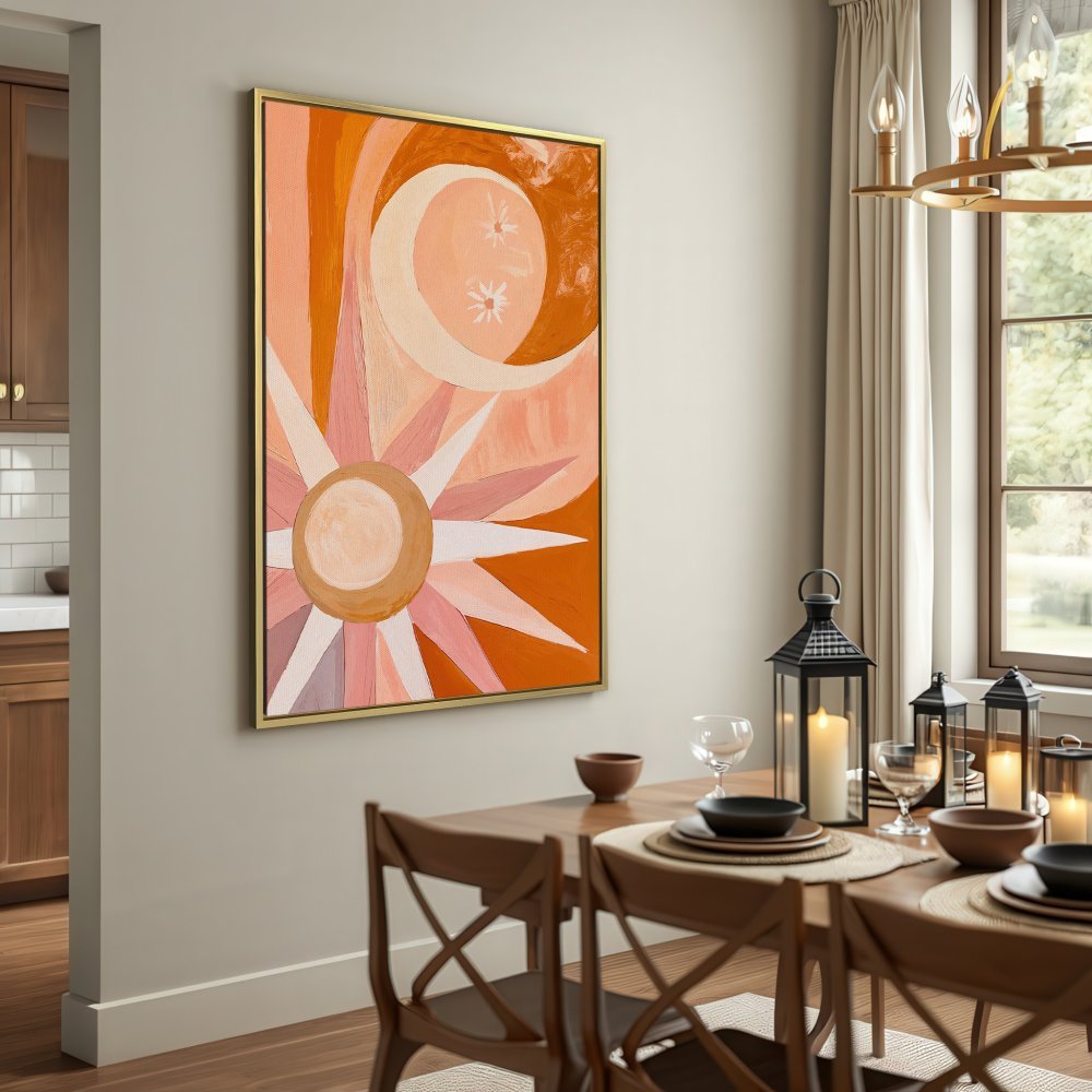 Canvas Print featuring a sun and moon abstract design in warm orange and pink hues. Bohemian style wall art for your home.