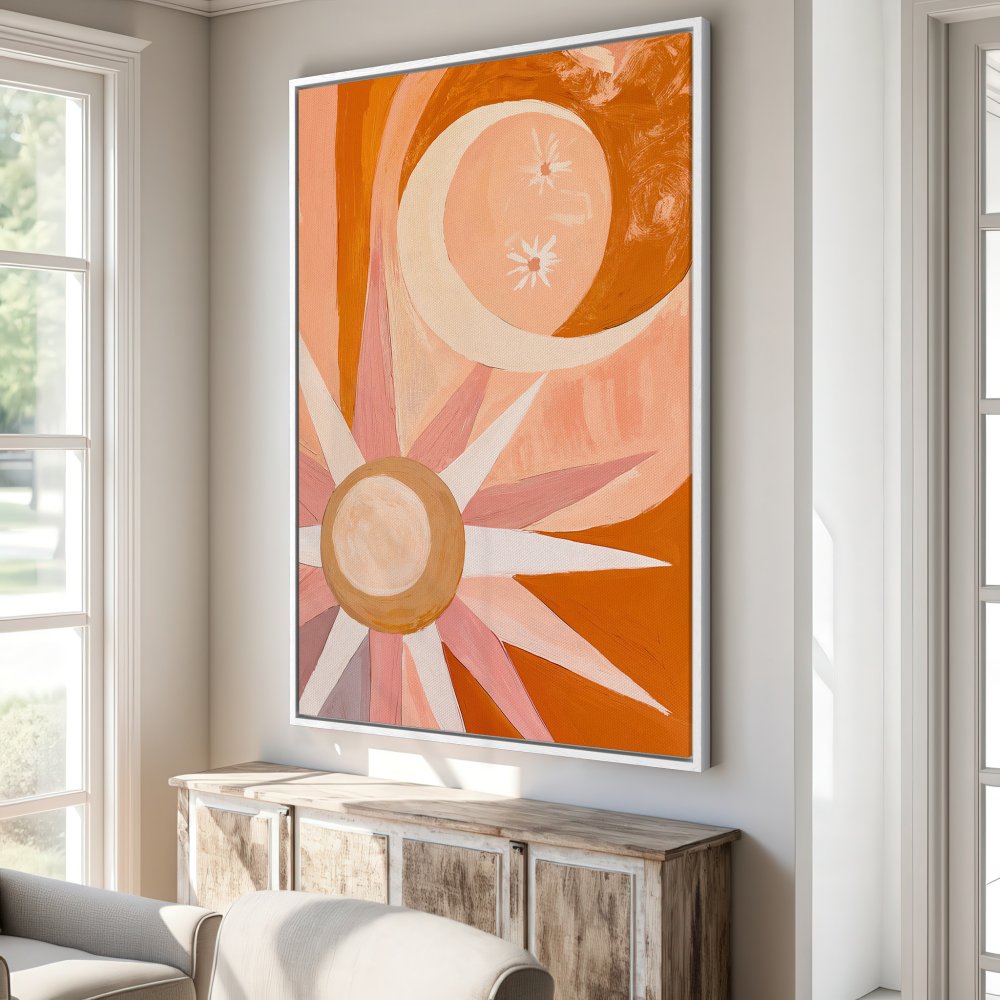Framed Wall Art: Abstract sun & moon design in warm orange, peach, and pink tones. Perfect for adding a pop of color and bohemian style to your space.