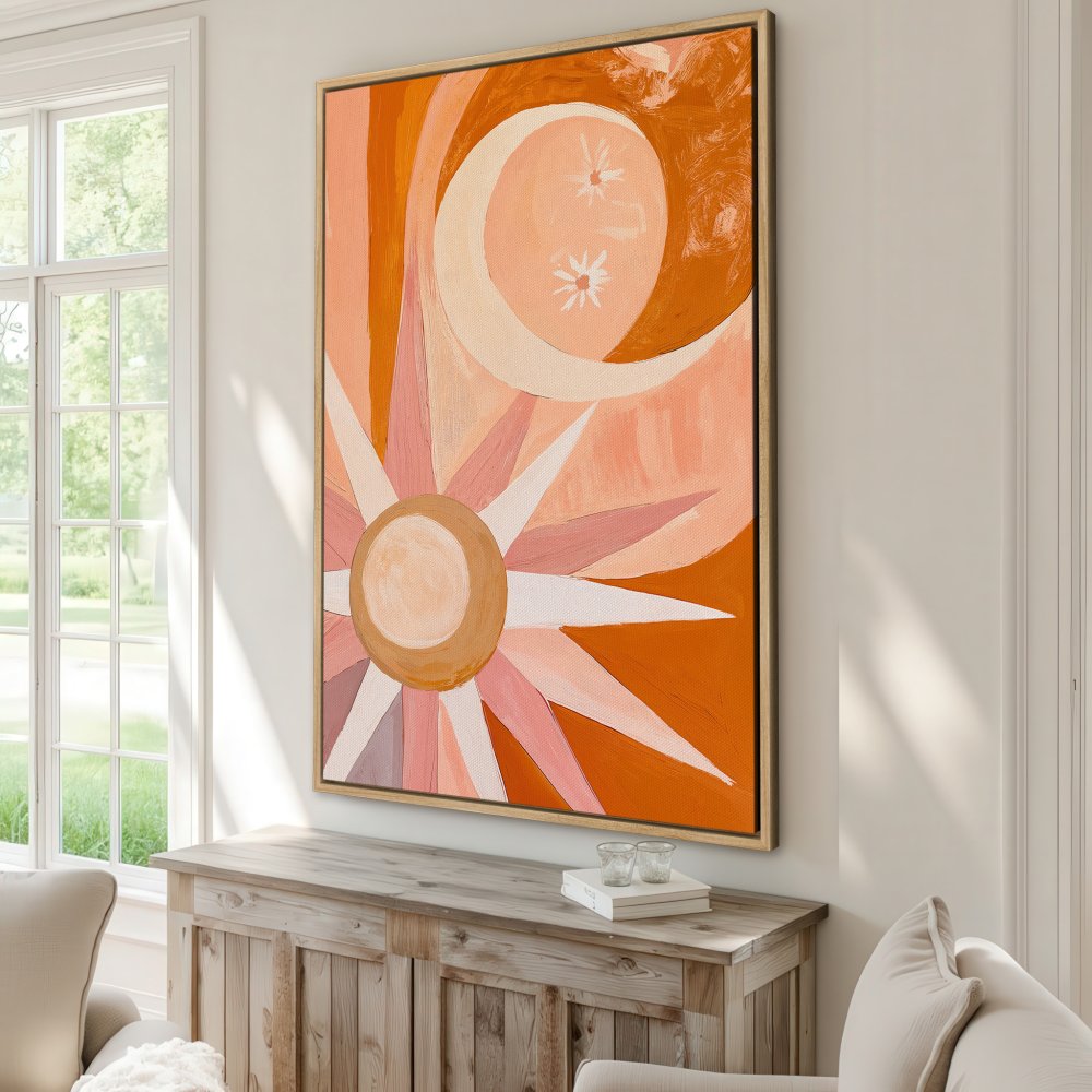 Abstract Canvas Print featuring a sun and moon in warm orange and pink tones. Modern wall art for a stylish home.