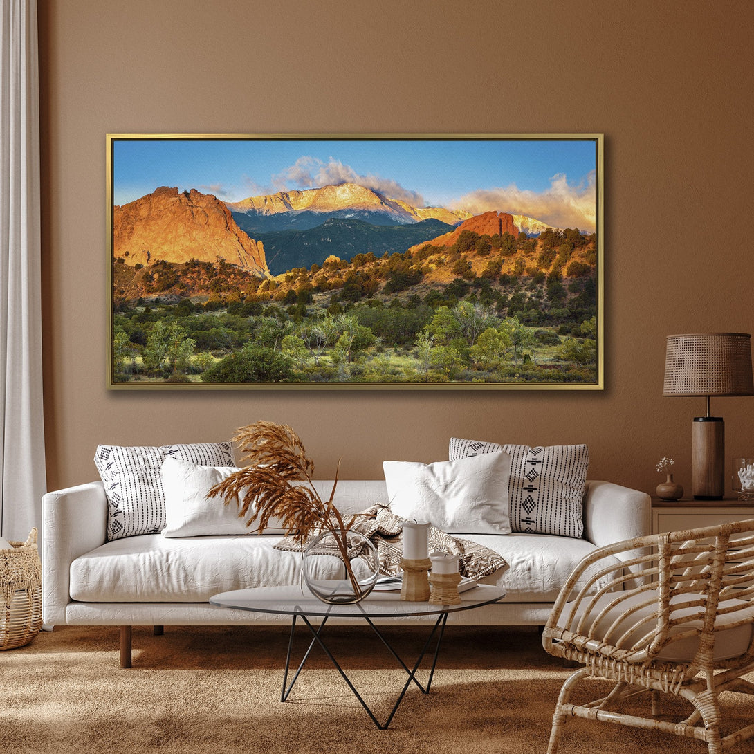 Canvas Print of a majestic mountain landscape in warm golden hues, perfect for adding a touch of nature's beauty to any room.
