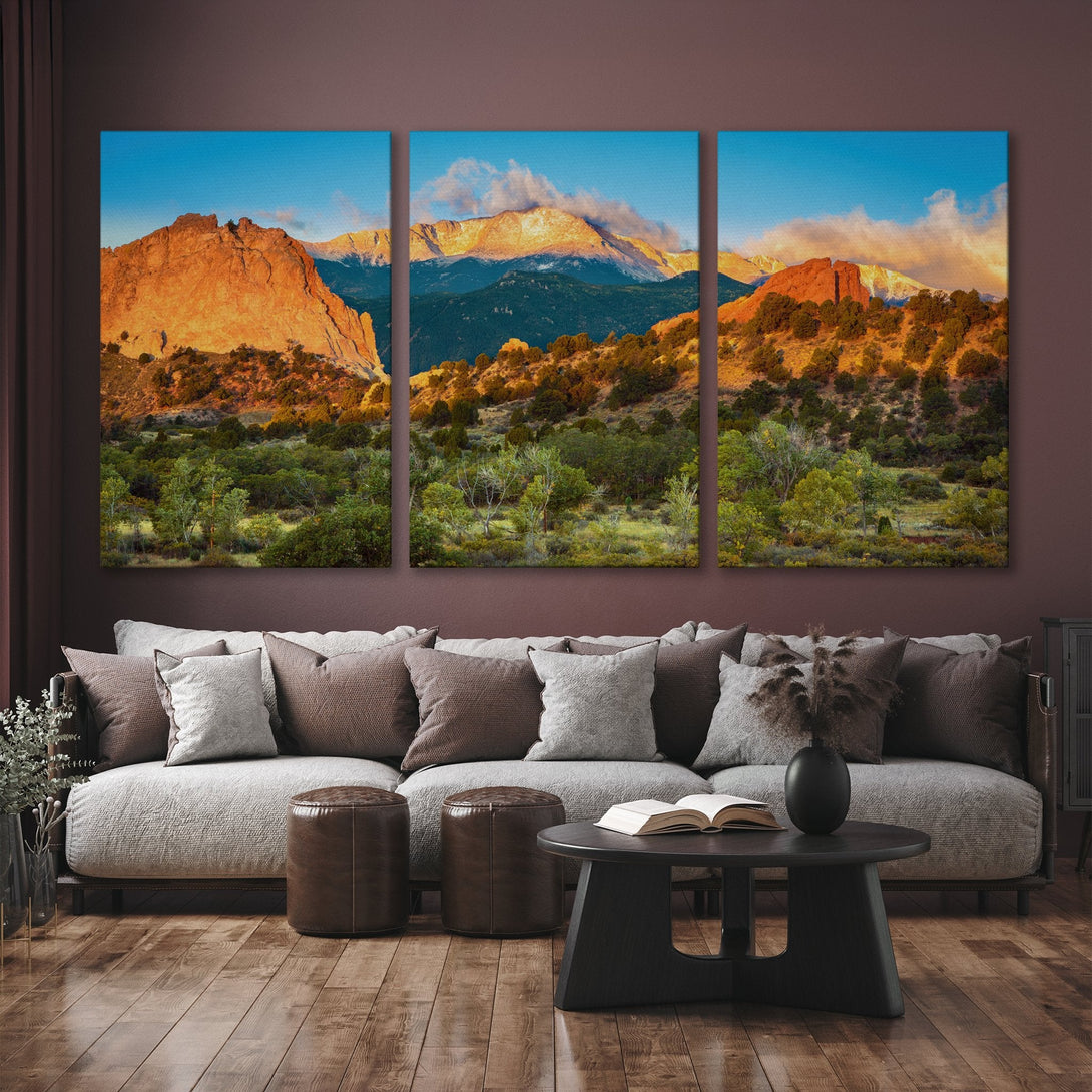 Canvas Print of a stunning mountain landscape in warm orange and green tones, perfect for adding a touch of nature to your home decor.