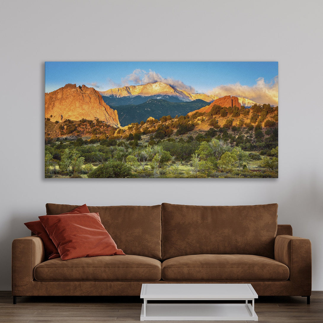 Framed Wall Art: Majestic mountain landscape Canvas Print with warm, earthy tones. Perfect for adding a touch of nature and style to your home decor.