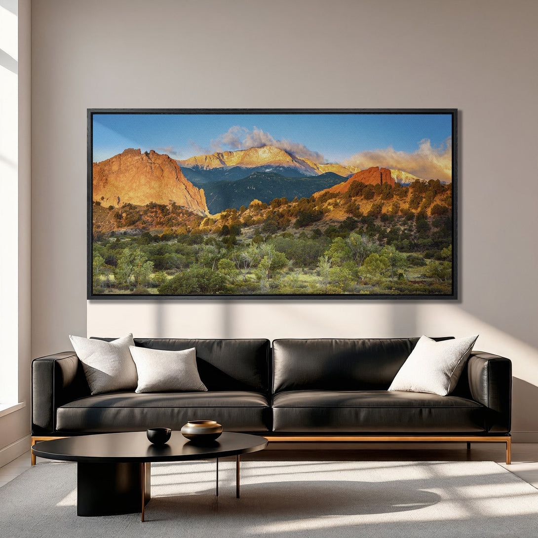 Framed Wall Art: Stunning mountain landscape Canvas Print with warm orange, green, and blue hues. Perfect for adding a touch of nature to your home decor.