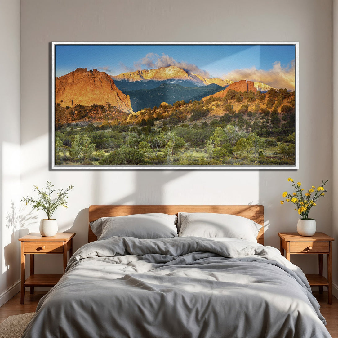Framed Wall Art of a majestic mountain landscape in warm, earthy tones. Bring the beauty of nature into your home with this stunning Canvas Print.