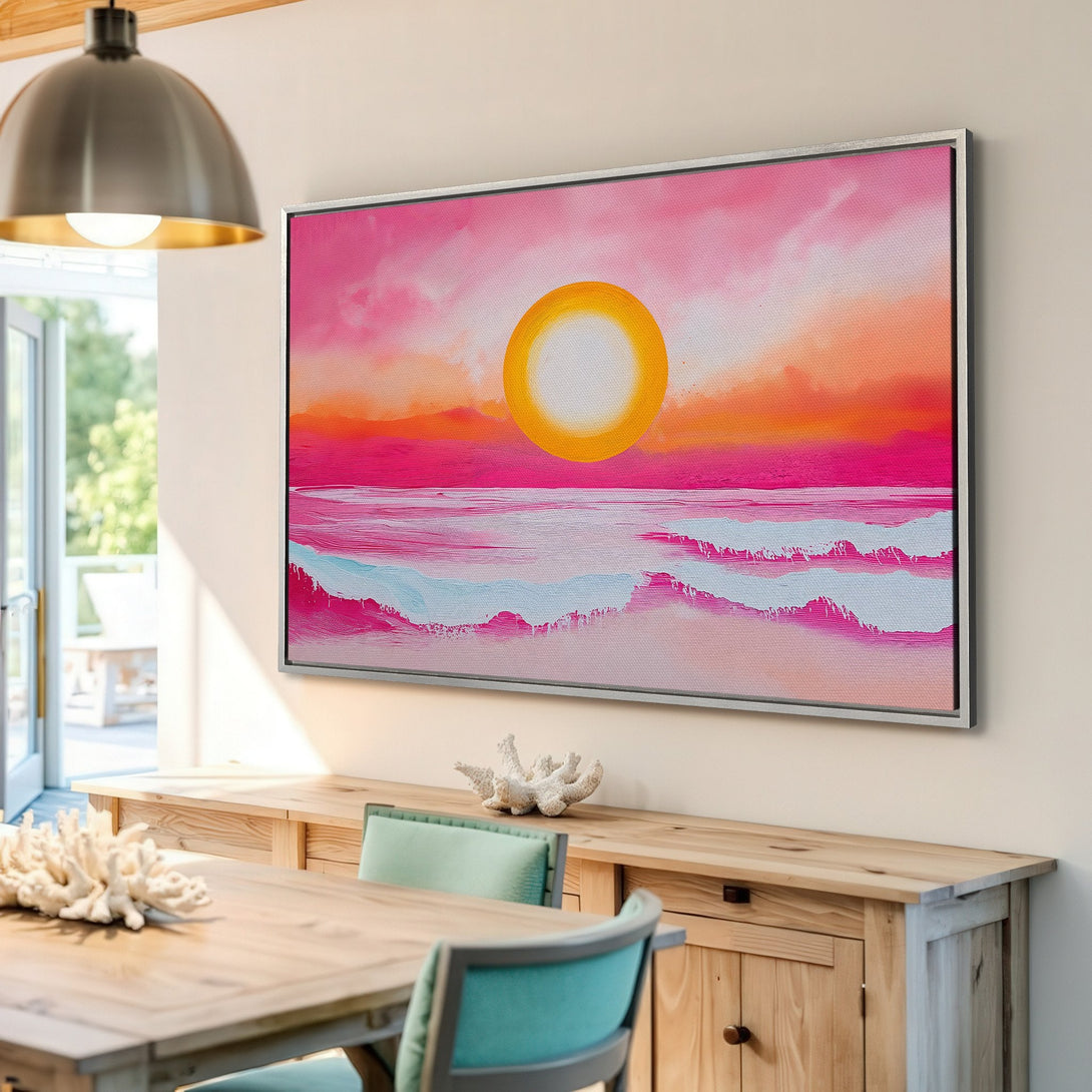 Framed Wall Art: Abstract sunset Canvas Print in vibrant pink and orange hues. Coastal style art to brighten any space.