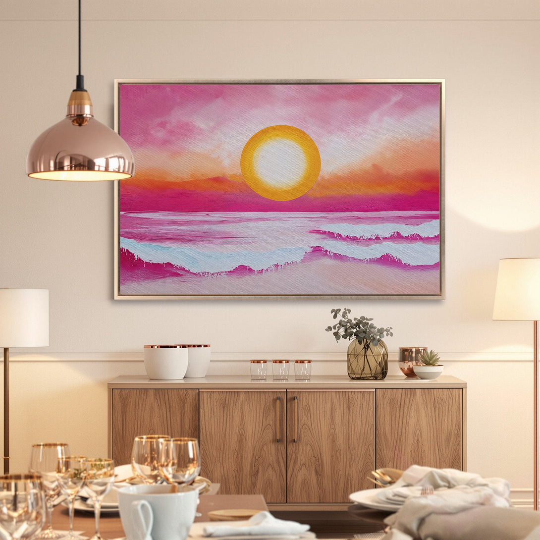 Framed Wall Art featuring a sunset over ocean waves. Modern abstract style with a pink and orange color palette. Perfect for adding warmth to your space.