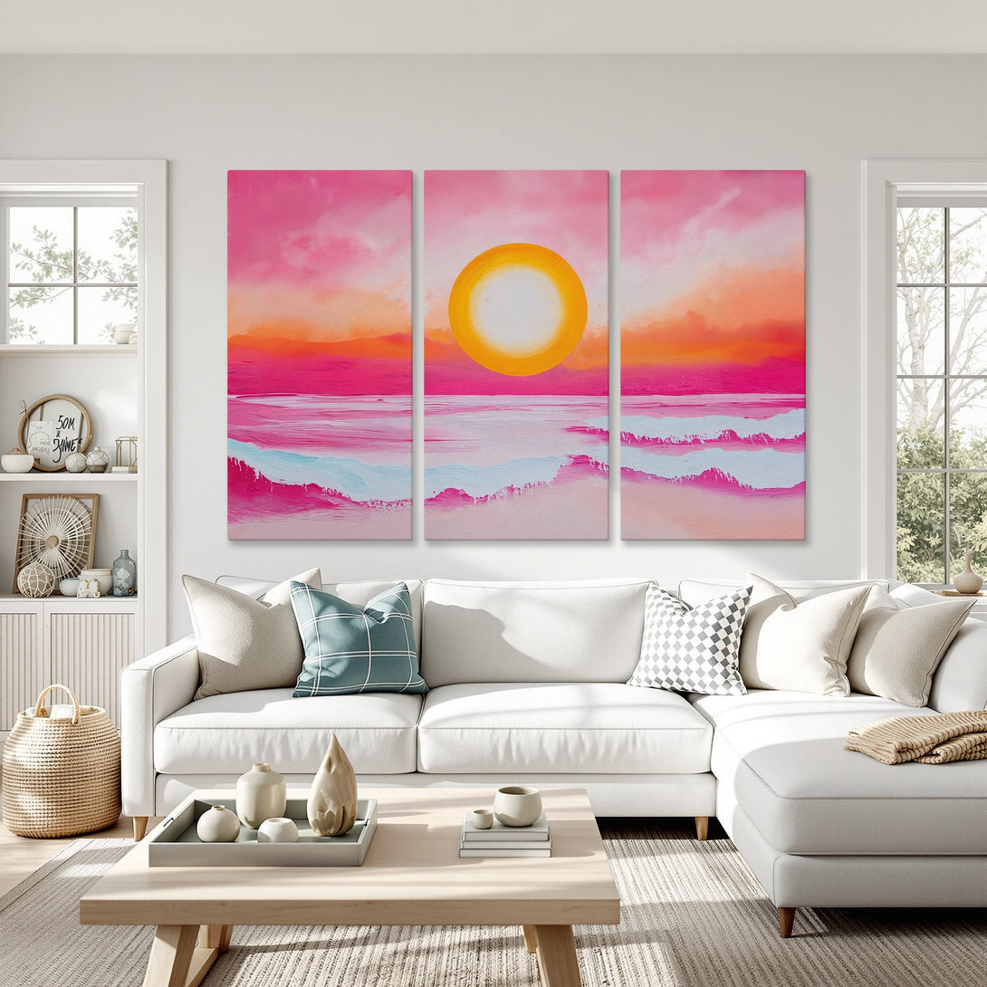Canvas Print: Abstract sunset art in pink, orange, and yellow hues. Modern wall art for living room decor.