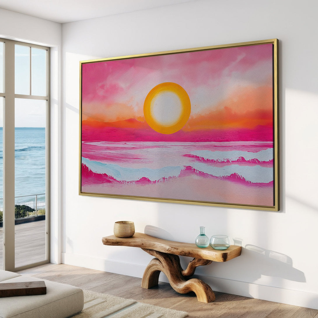 Canvas Print of a vibrant sunset over the ocean, featuring a bold yellow sun and pink/orange sky. Modern art style, perfect for home decor.
