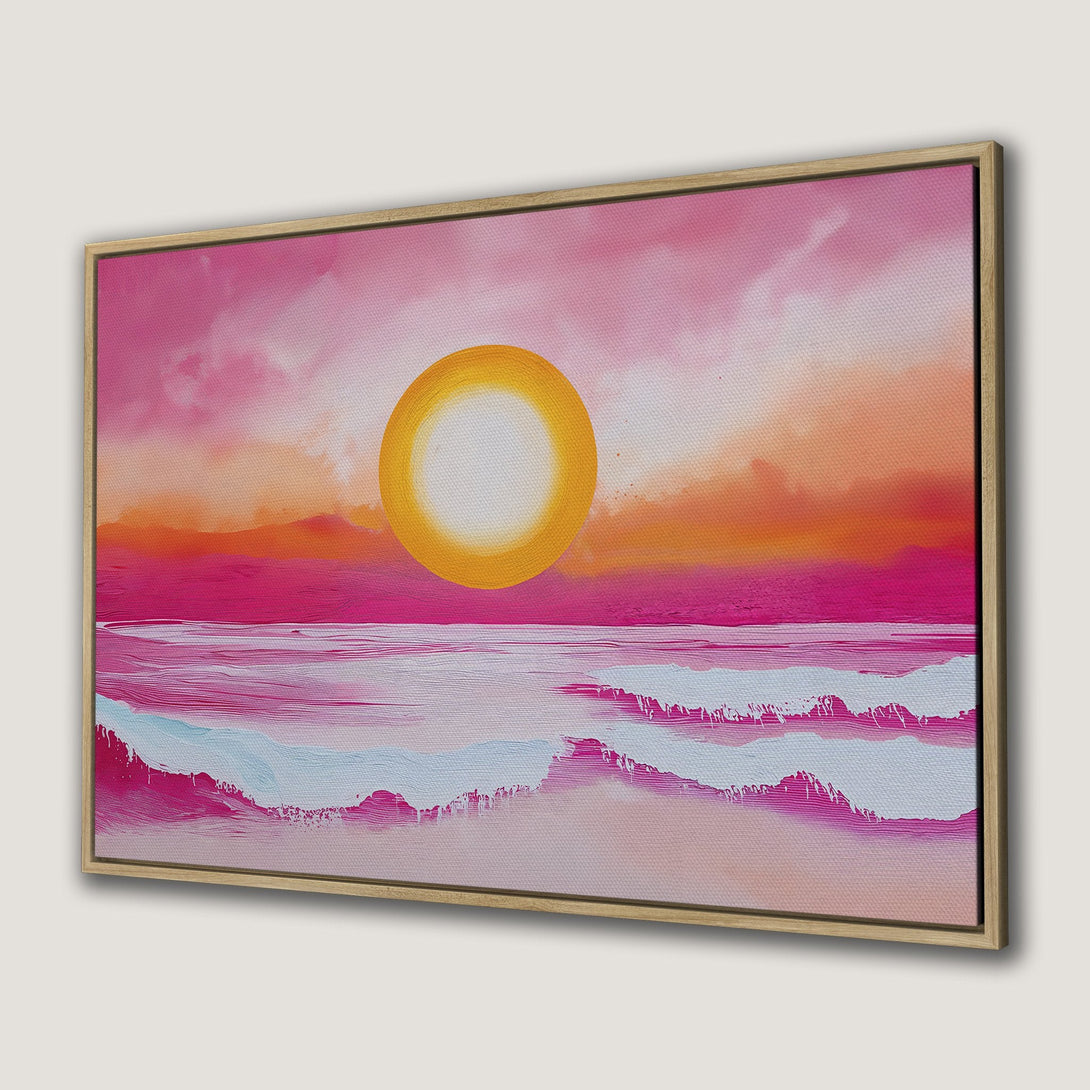 Framed Wall Art: Abstract sunset canvas print in pink and orange hues. Modern art for home decor, perfect for adding a pop of color.