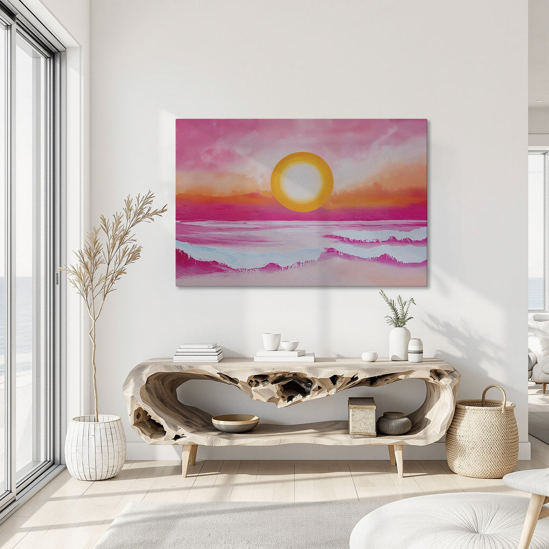 Framed Wall Art: Sunset over ocean canvas print. Modern abstract art with vibrant pink, orange, and yellow hues. Perfect for coastal decor.