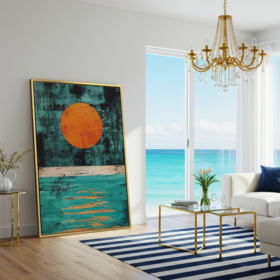 Abstract Canvas Print with orange sun and turquoise water. Modern wall art in a coastal style, perfect for living room decor.