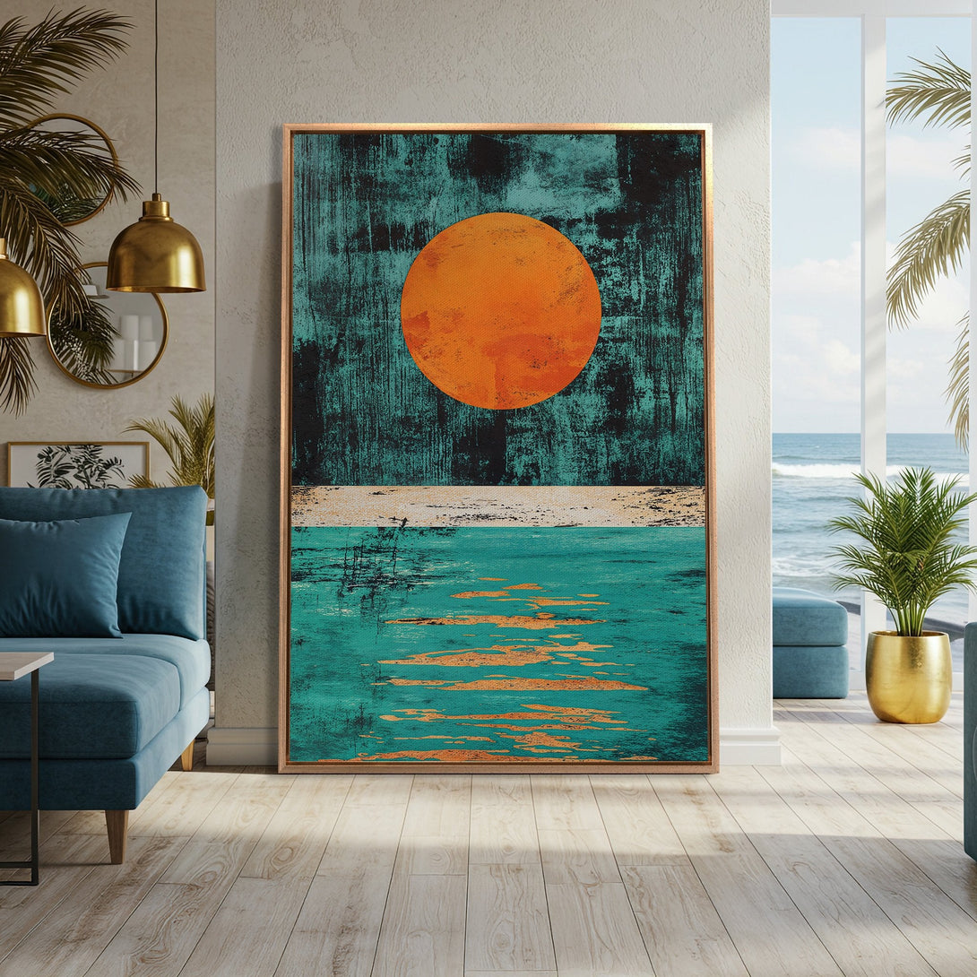 Framed Wall Art: Abstract sunset Canvas Print in teal, orange, and black. Modern art for living room decor. Coastal style, ready to hang.