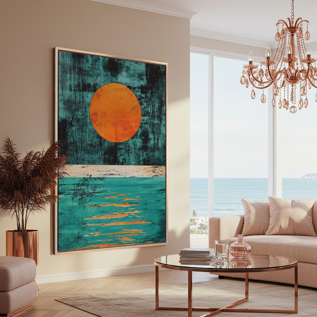 Framed Wall Art featuring an abstract sunset over ocean. Teal, orange, and neutral tones create a calming vibe. Perfect for modern home decor.