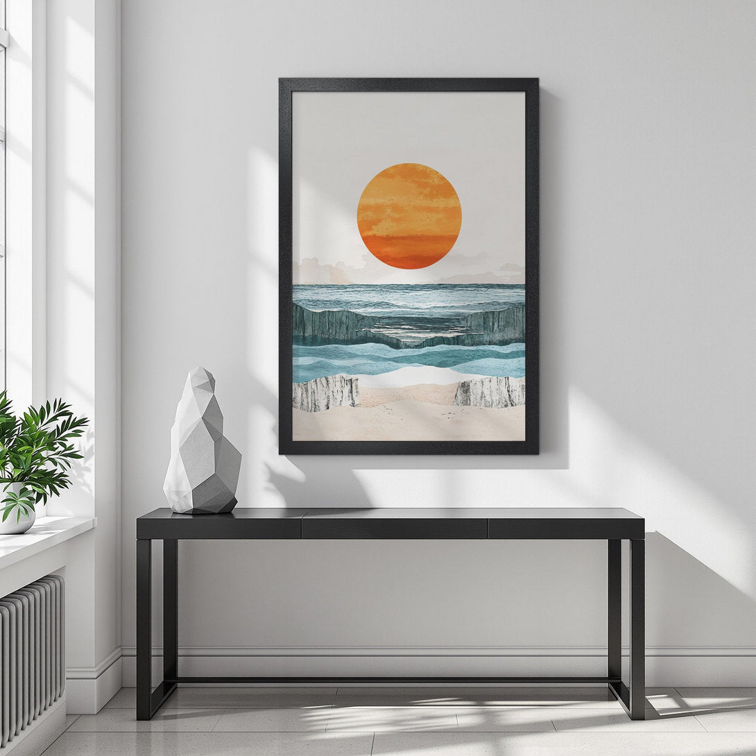 Framed Poster of abstract landscape art with orange sun, blue water, and neutral tones. Modern art print for home decor.