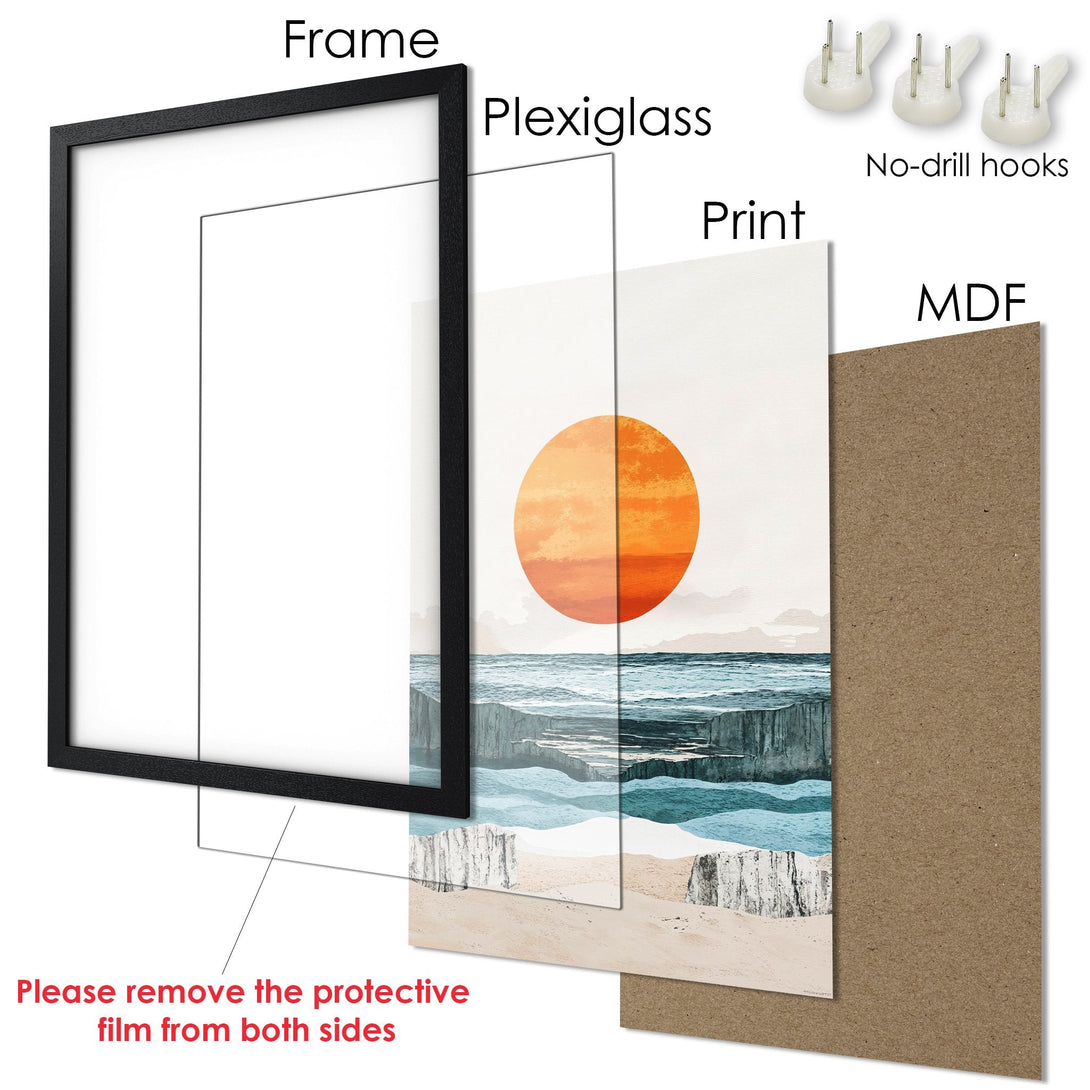 Framed Poster: Coastal sunset art print with orange, blue, and beige tones. Modern wall decor for your home.
