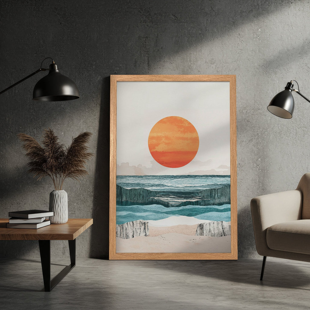 Framed Poster of a sunset over ocean landscape in a minimalist style with orange, teal, and beige tones. Perfect wall art!