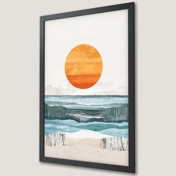 Framed Poster featuring a serene beach landscape with an orange sun, in a modern, minimalist style. Earthy tones & calming blues.