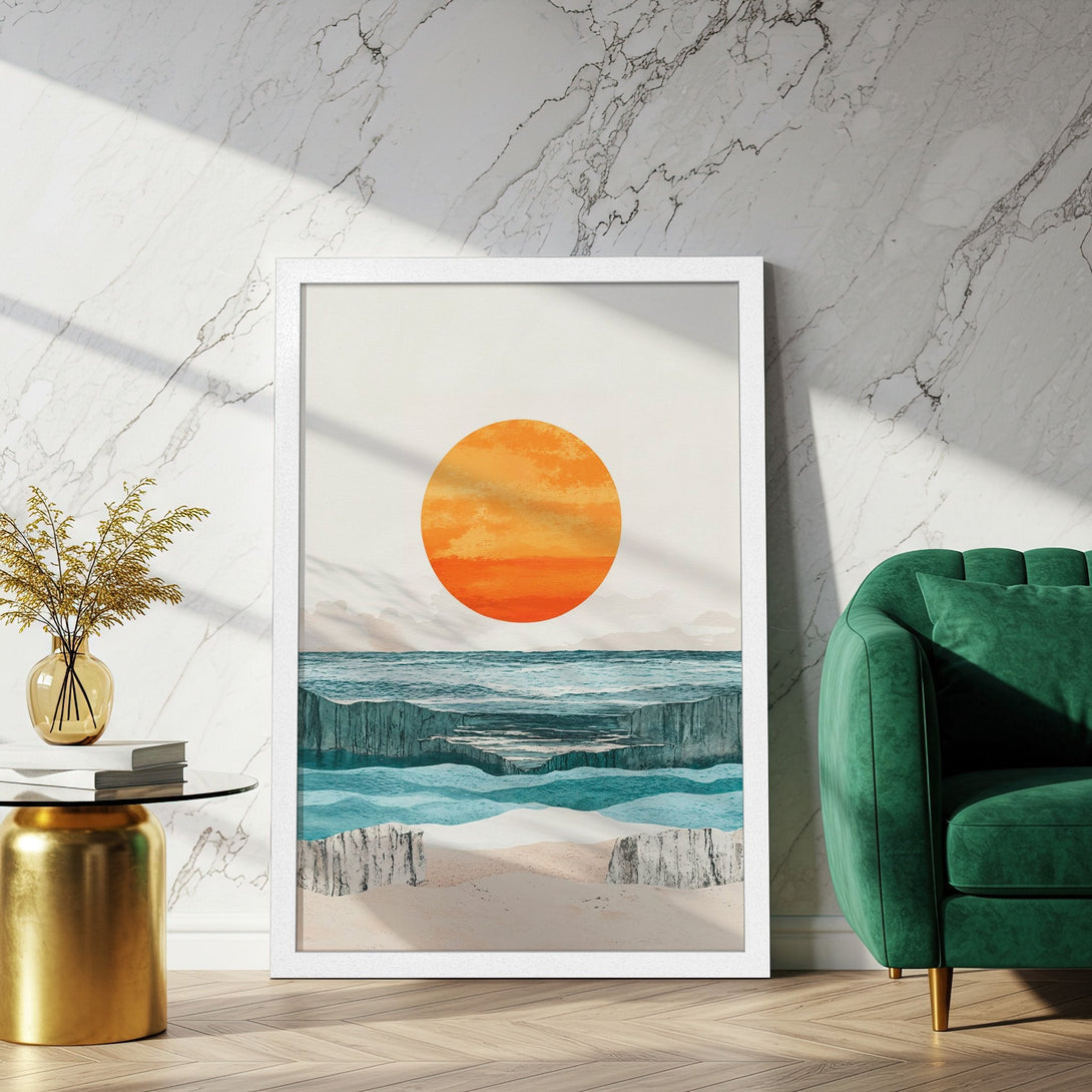 Framed Poster featuring a minimalist landscape with orange sunset, teal water, and beige sand. Modern art in warm tones.